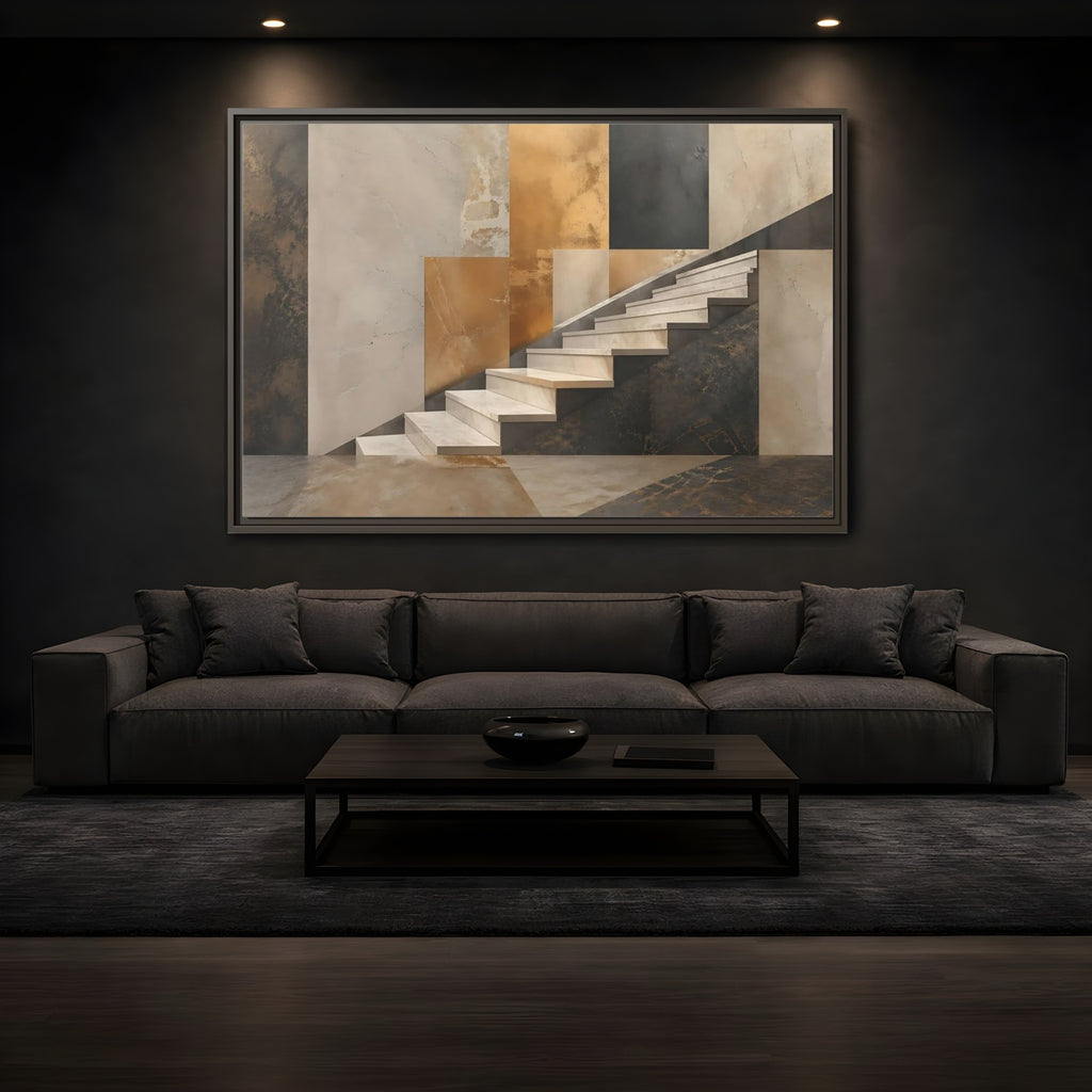 Mockup 3. Abstract Stairs Brown And Gold Abstract shown as stretched canvas wall art
