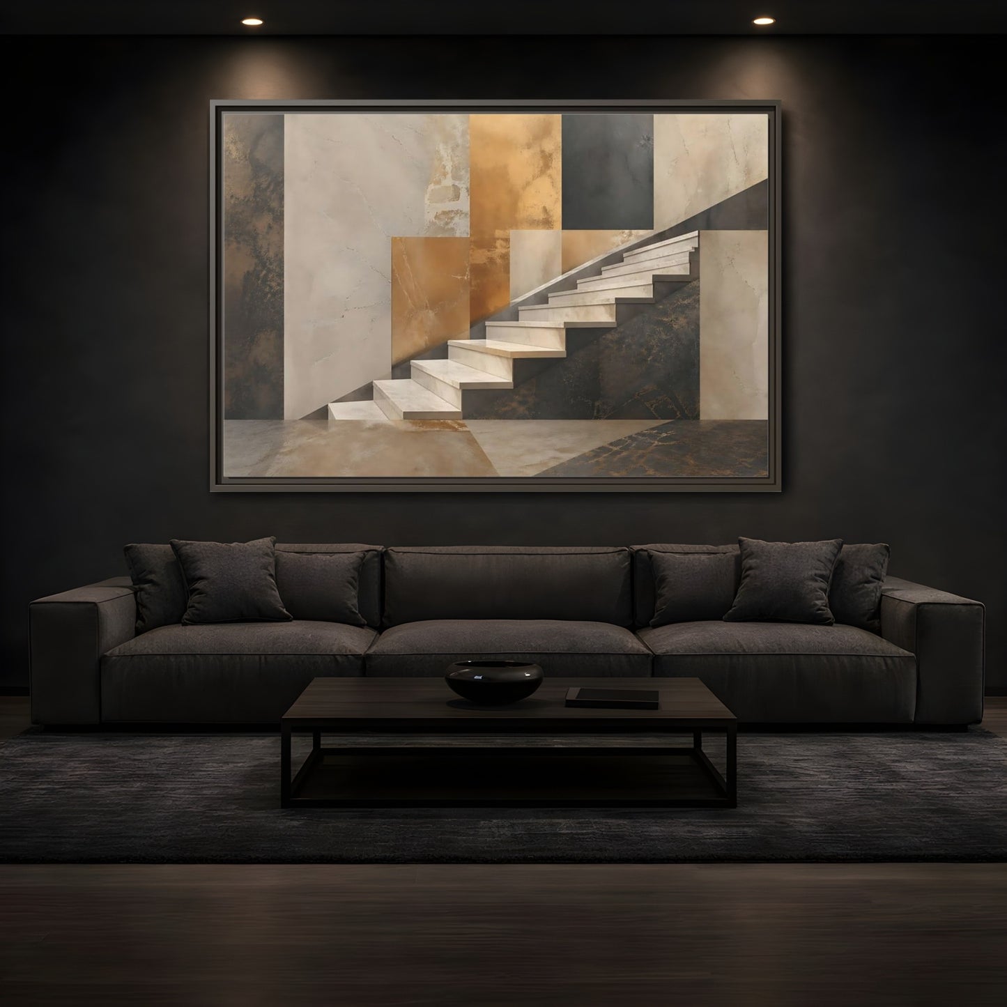 Mockup 3. Abstract Stairs Brown And Gold Abstract shown as stretched canvas wall art