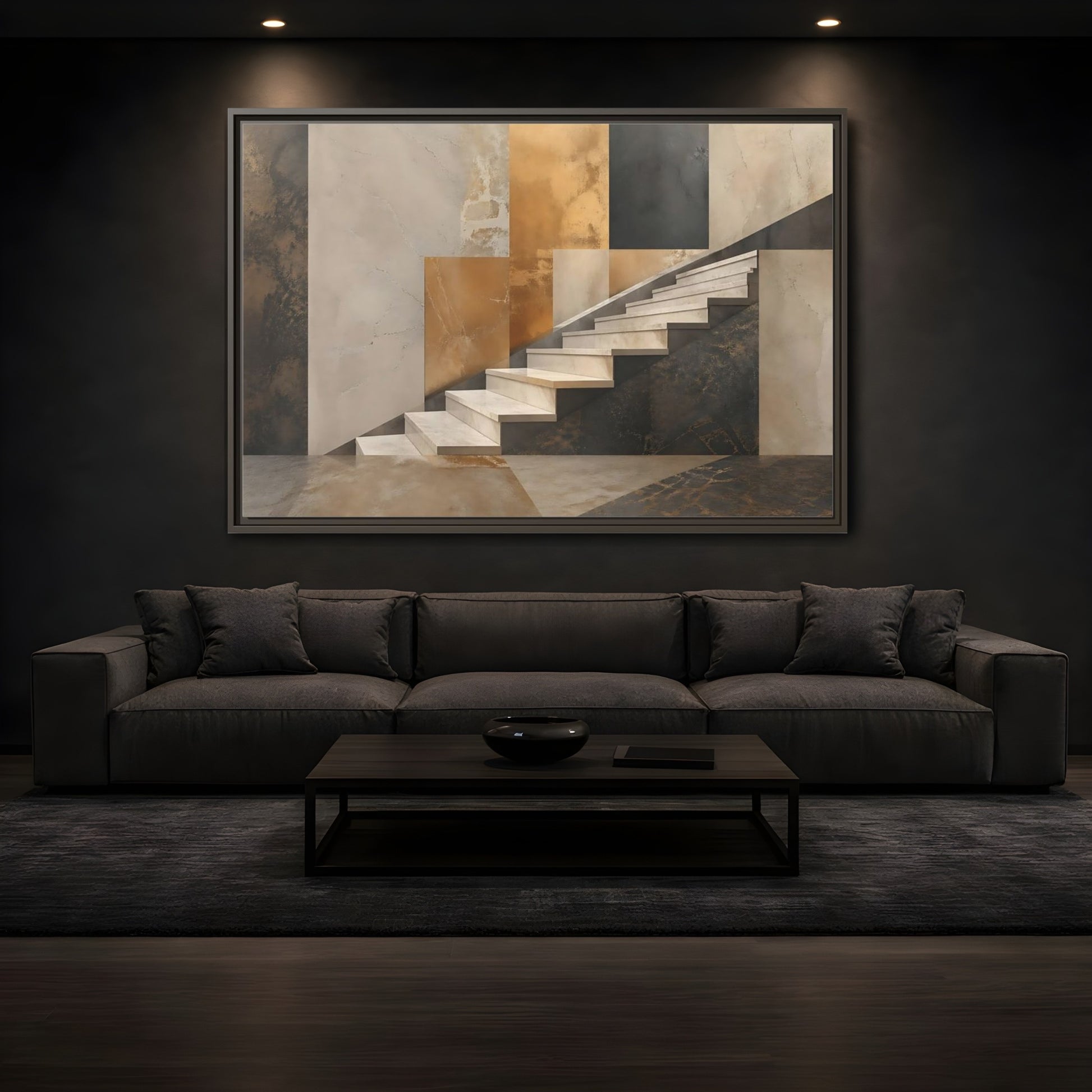 Mockup 3. Abstract Stairs Brown And Gold Abstract shown as stretched canvas wall art