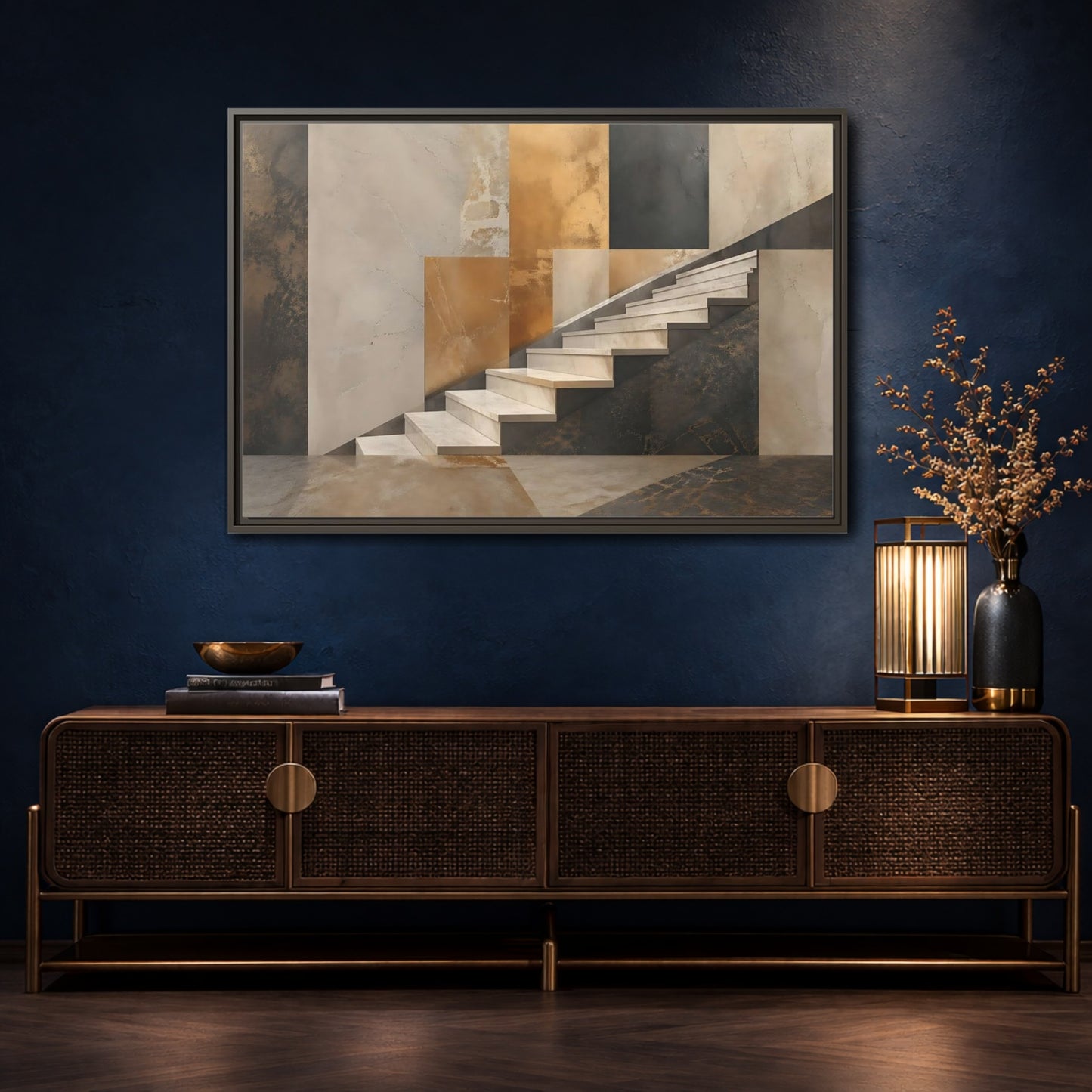 Mockup 4. Abstract Stairs Brown And Gold Abstract shown as stretched canvas wall art