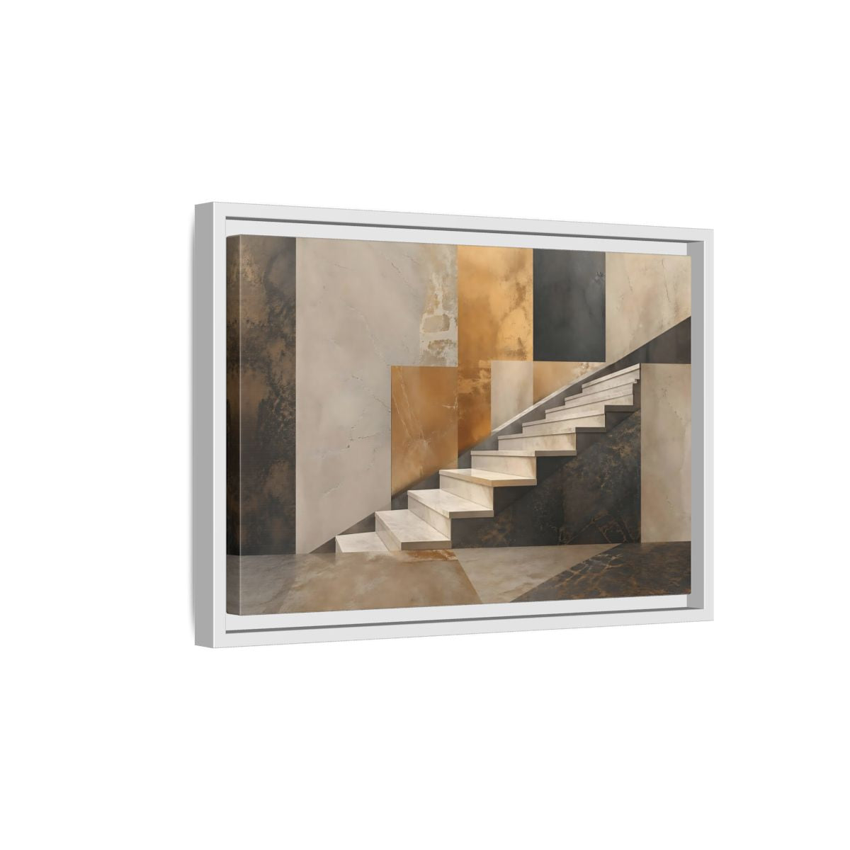 Side Mockup 4. Abstract Stairs Brown And Gold Abstract shown as stretched canvas wall art