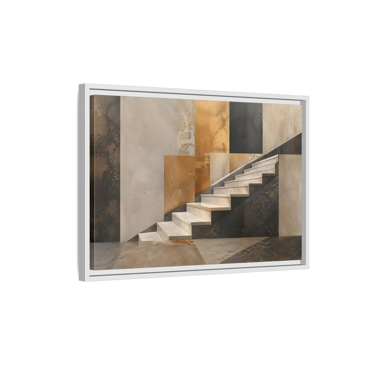 Side Mockup 1. Abstract Stairs Brown And Gold Abstract shown as stretched canvas wall art