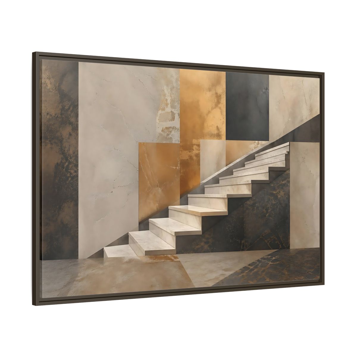 Side Mockup 8. Abstract Stairs Brown And Gold Abstract shown as stretched canvas wall art