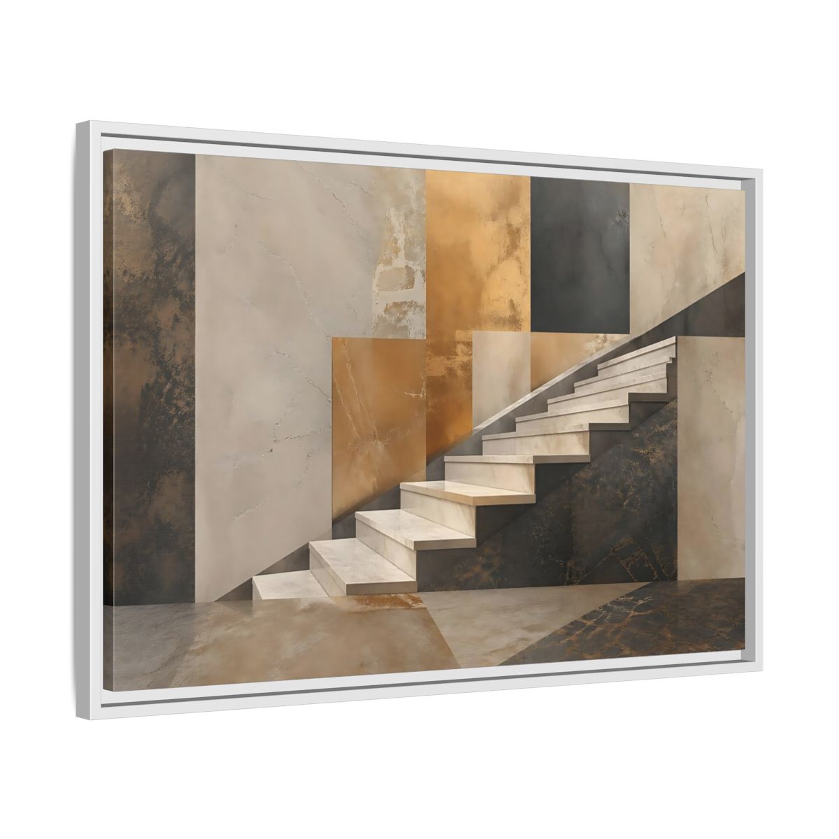 Side Mockup 10. Abstract Stairs Brown And Gold Abstract shown as stretched canvas wall art