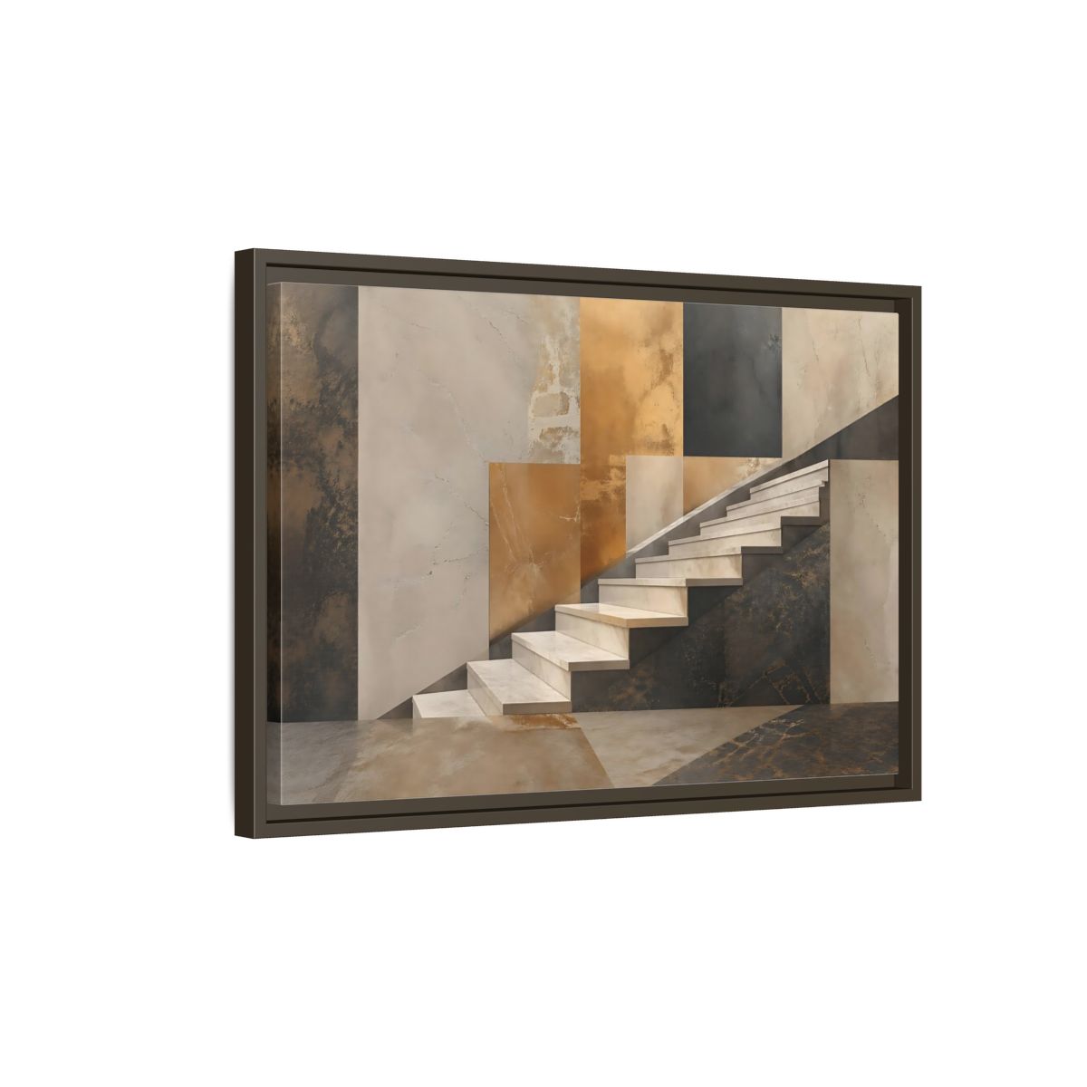 Side Mockup 2. Abstract Stairs Brown And Gold Abstract shown as stretched canvas wall art