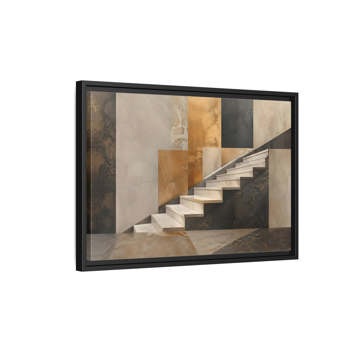 Side Mockup 3. Abstract Stairs Brown And Gold Abstract shown as stretched canvas wall art
