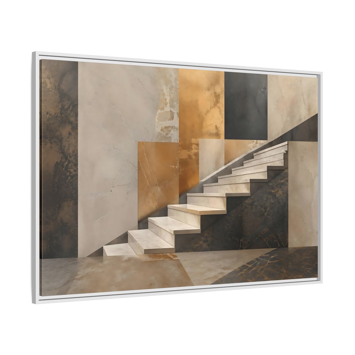Side Mockup 7. Abstract Stairs Brown And Gold Abstract shown as stretched canvas wall art