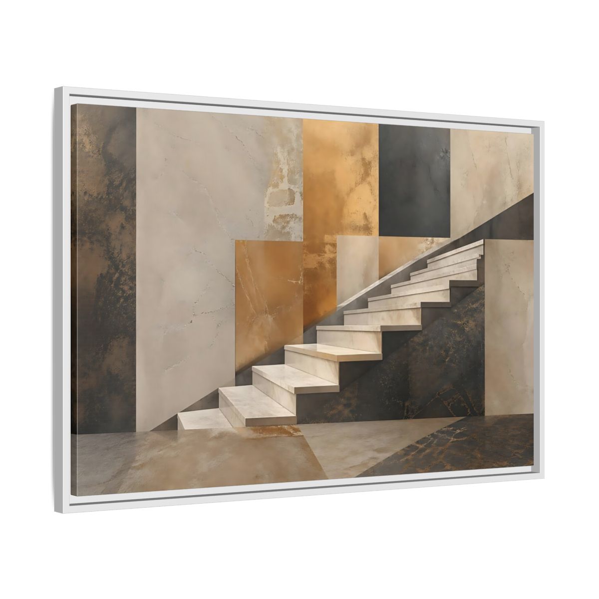 Side Mockup 9. Abstract Stairs Brown And Gold Abstract shown as stretched canvas wall art