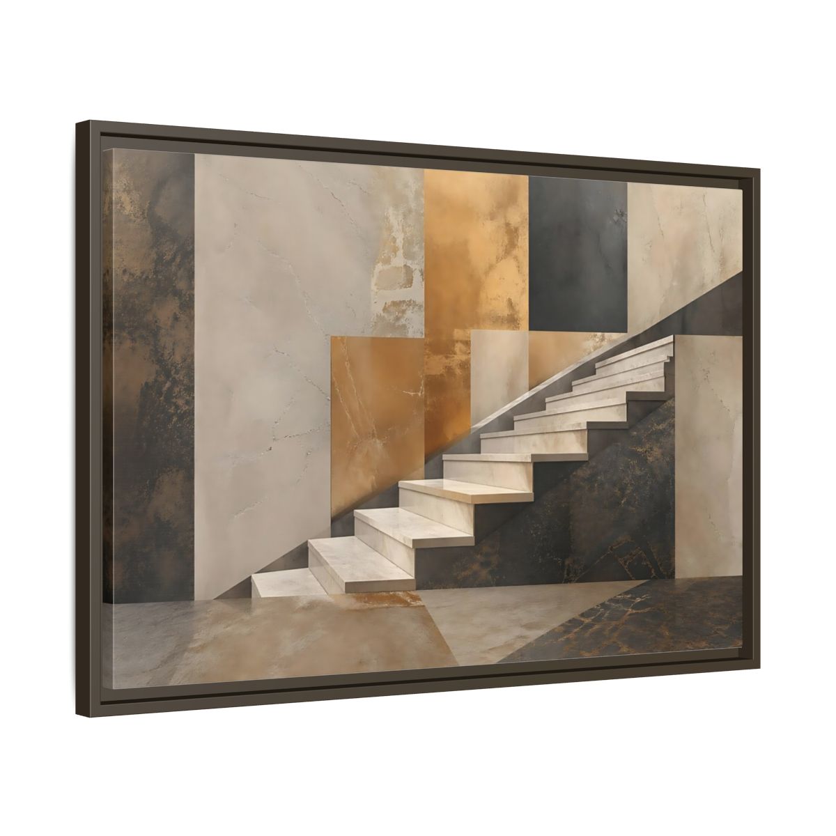 Side Mockup 11. Abstract Stairs Brown And Gold Abstract shown as stretched canvas wall art