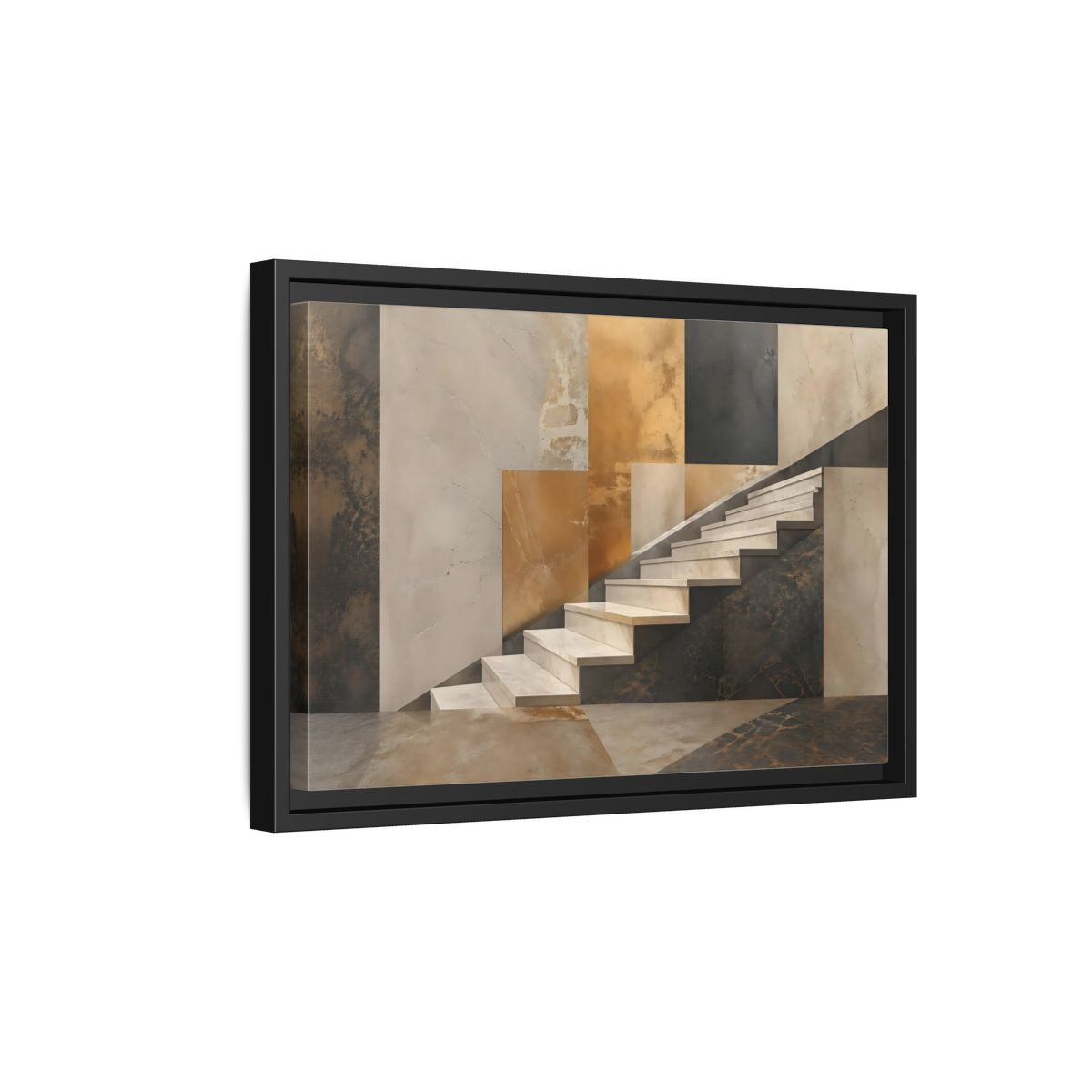 Side Mockup 6. Abstract Stairs Brown And Gold Abstract shown as stretched canvas wall art