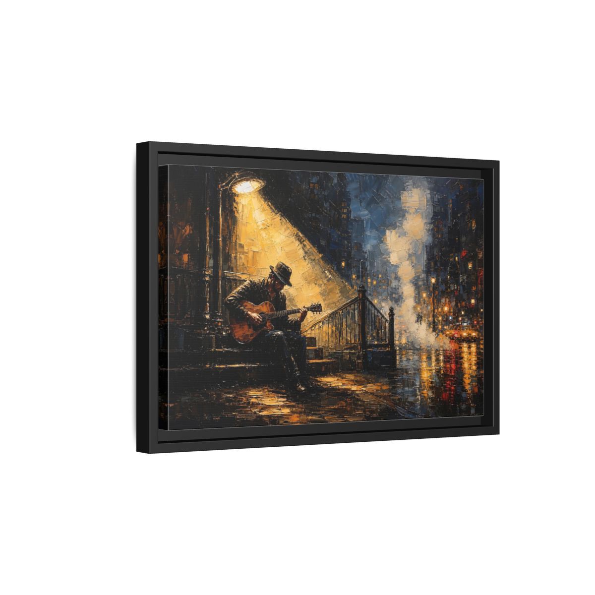 Side Mockup 6. Abstract Street Musician Night Musician shown as framed canvas print