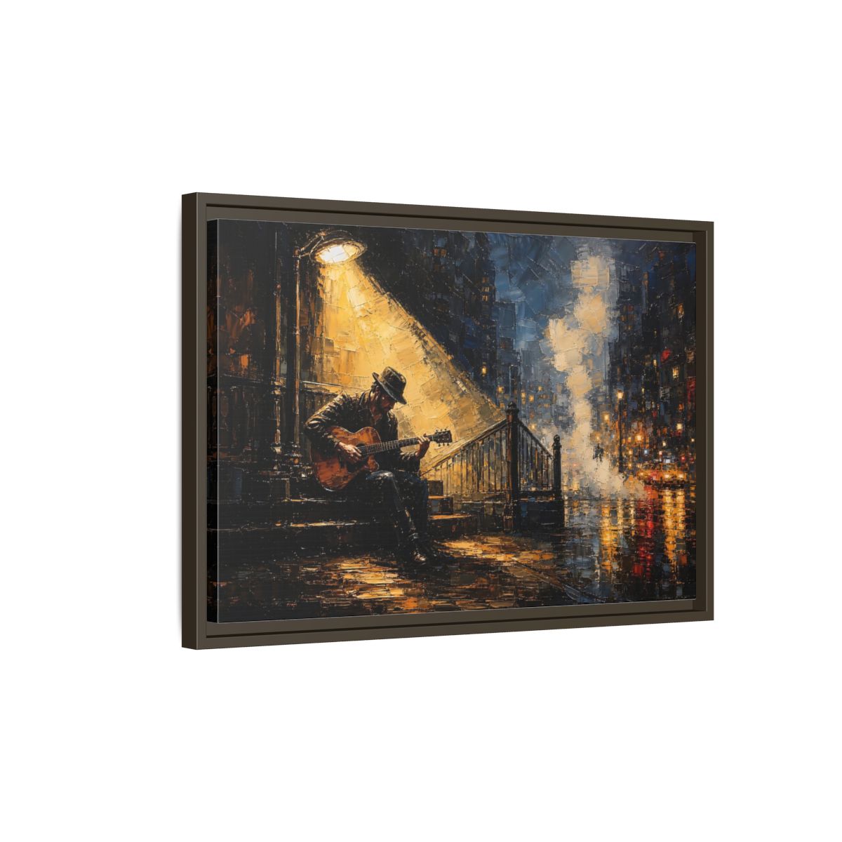 Side Mockup 2. Abstract Street Musician Night Musician shown as framed canvas print