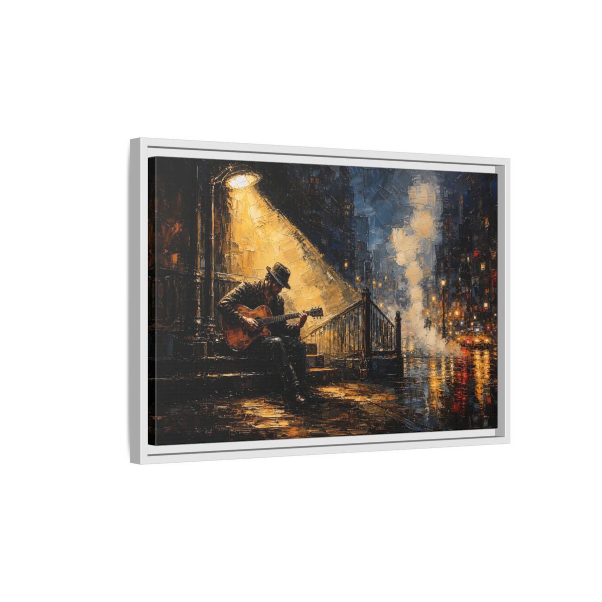 Side Mockup 1. Abstract Street Musician Night Musician shown as framed canvas print