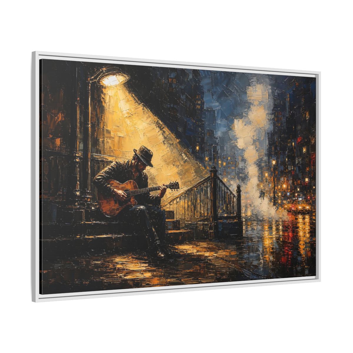 Side Mockup 7. Abstract Street Musician Night Musician shown as framed canvas print