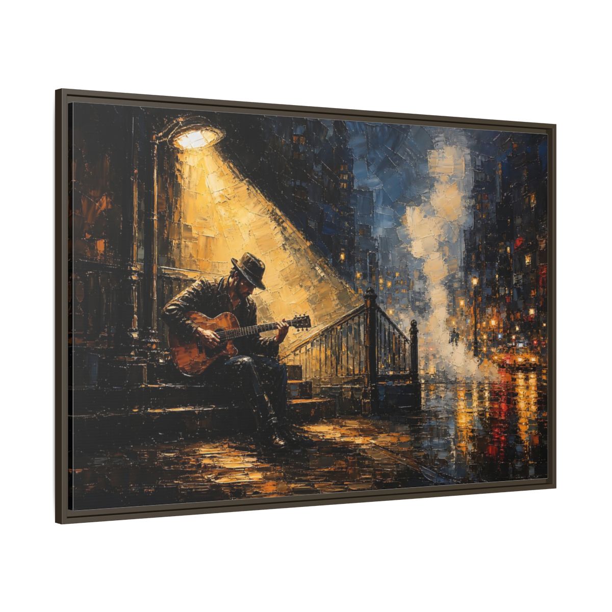 Side Mockup 8. Abstract Street Musician Night Musician shown as framed canvas print