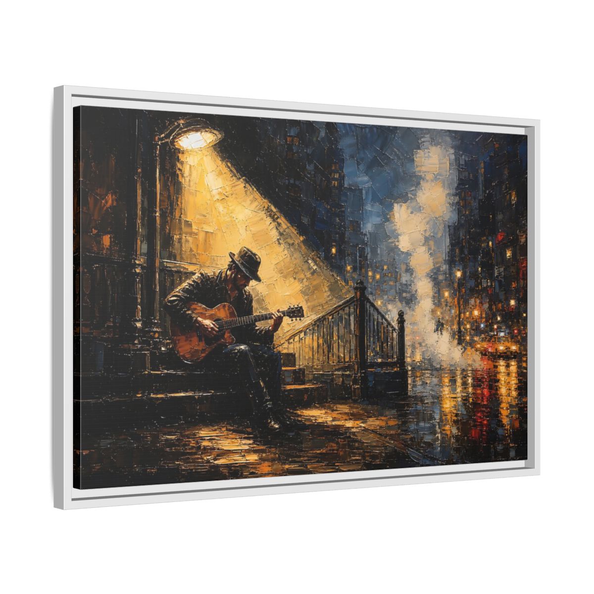 Side Mockup 10. Abstract Street Musician Night Musician shown as framed canvas print