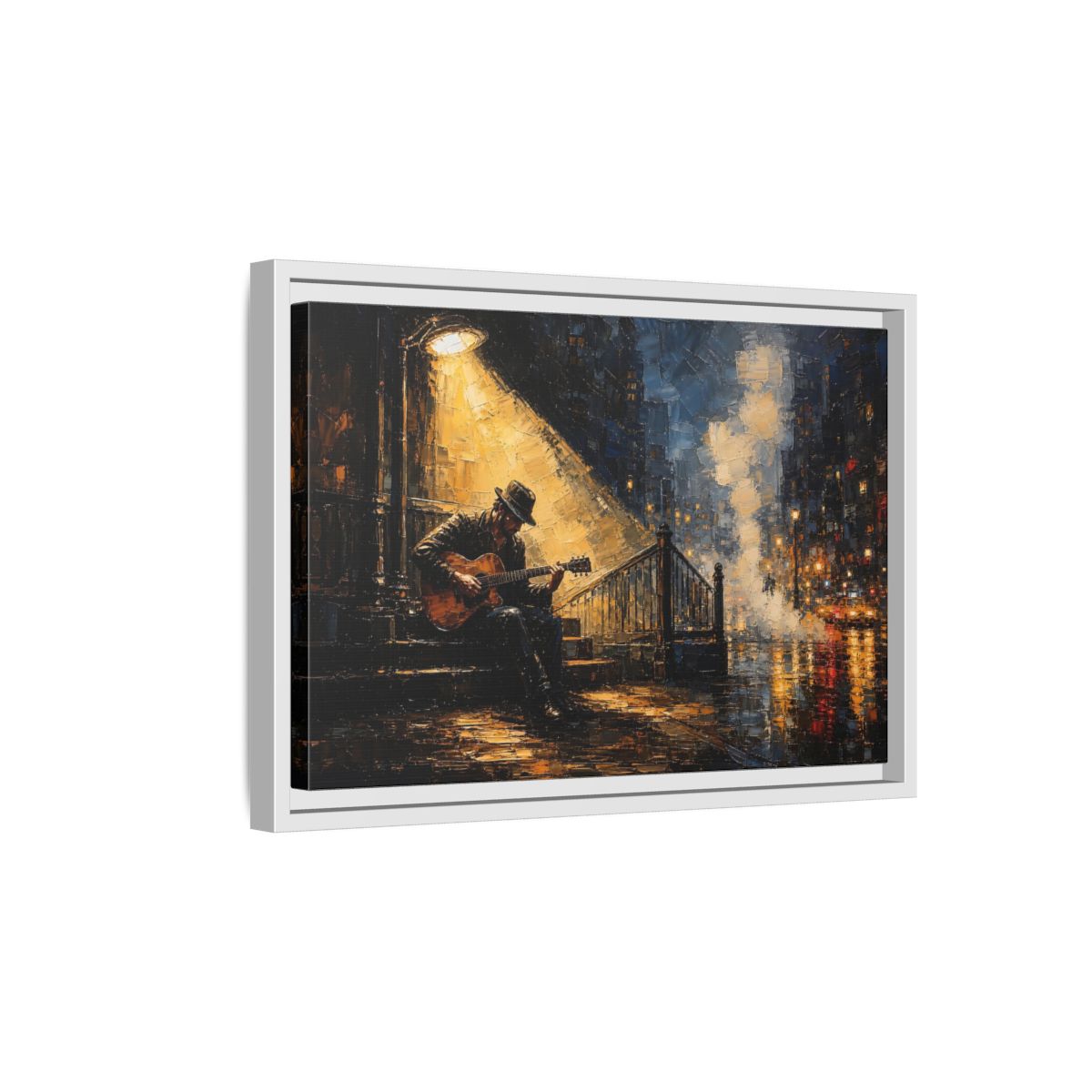 Side Mockup 4. Abstract Street Musician Night Musician shown as framed canvas print
