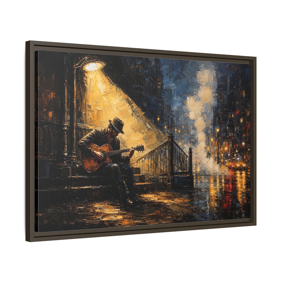 Side Mockup 11. Abstract Street Musician Night Musician shown as framed canvas print