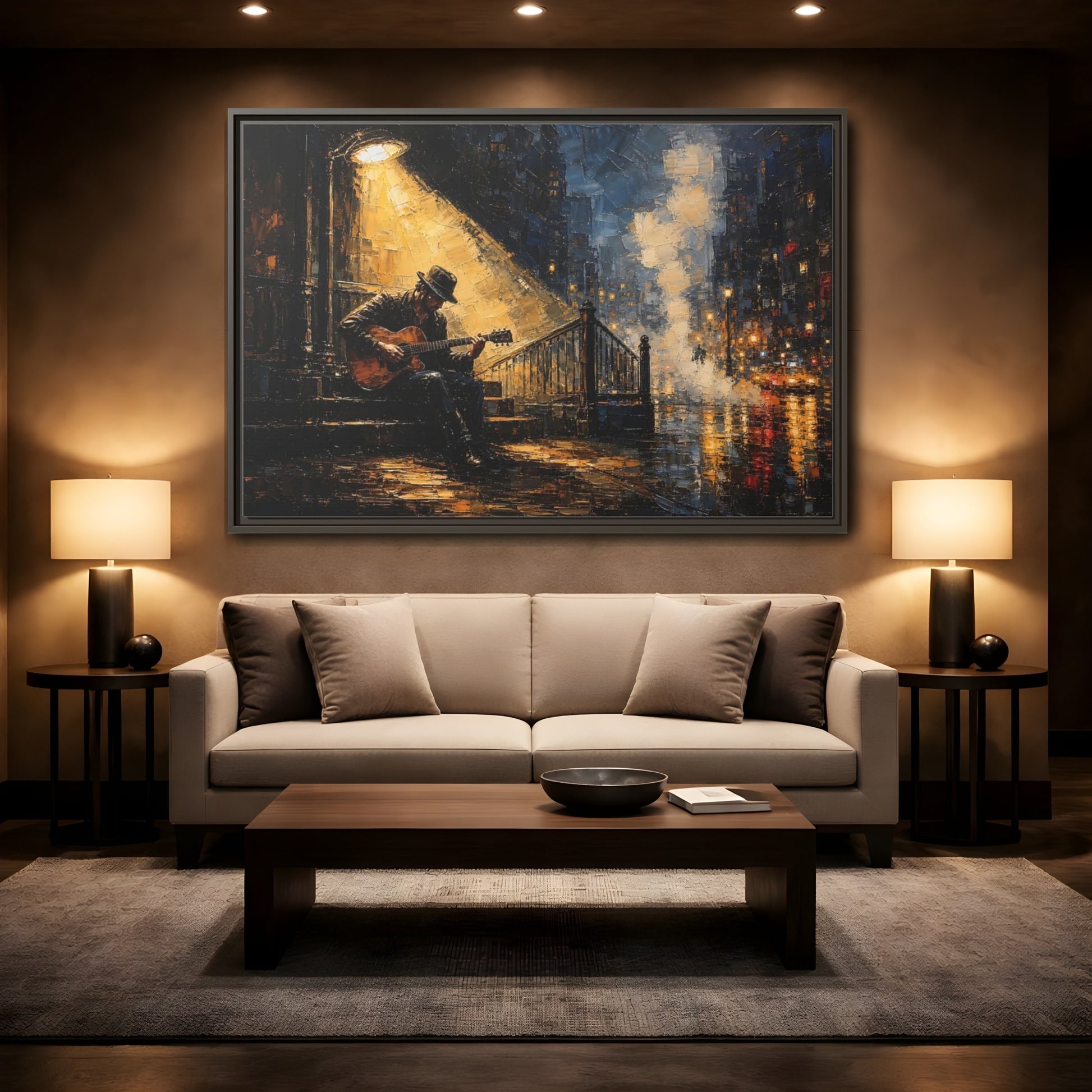 Mockup 2. Abstract Street Musician Night Musician shown as framed canvas print