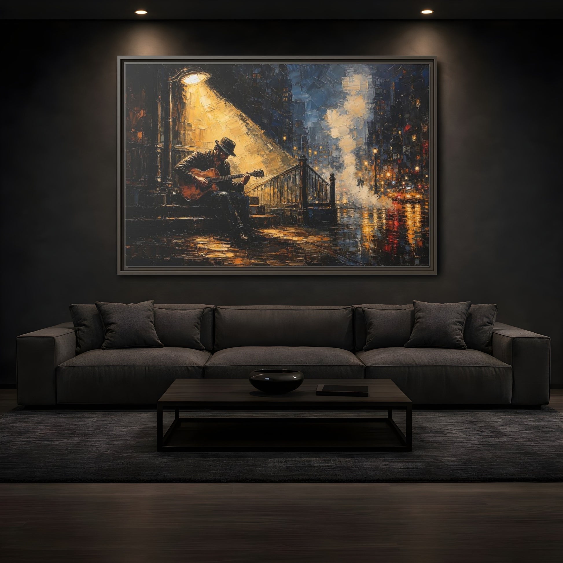 Mockup 3. Abstract Street Musician Night Musician shown as framed canvas print