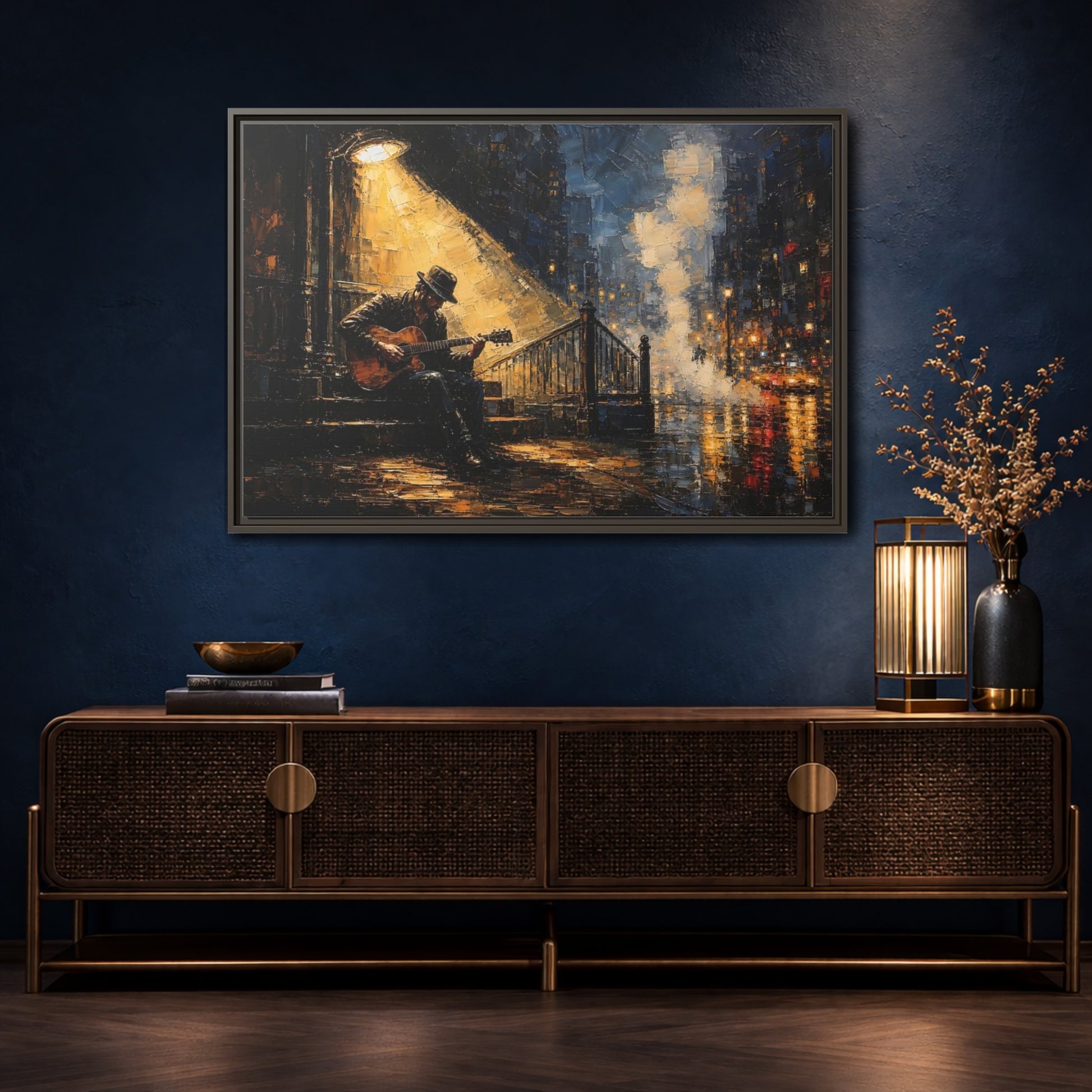 Mockup 4. Abstract Street Musician Night Musician shown as framed canvas print