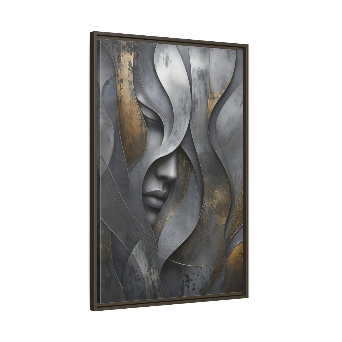 Main Mockup. Abstract Stylized Face Gray And Gold Abstract shown as stretched canvas wall art