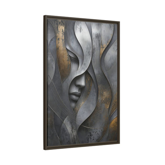Main Mockup. Abstract Stylized Face Gray And Gold Abstract shown as stretched canvas wall art