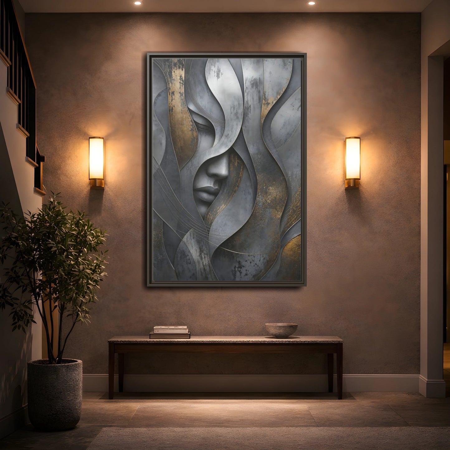 Mockup 2. Abstract Stylized Face Gray And Gold Abstract shown as stretched canvas wall art