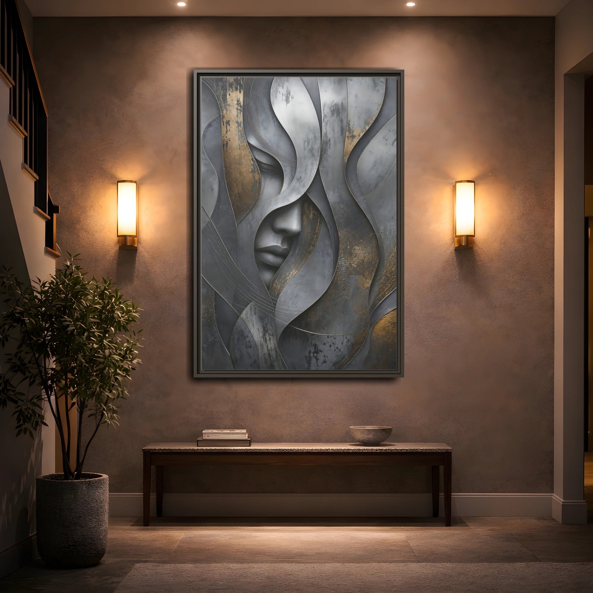 Mockup 2. Abstract Stylized Face Gray And Gold Abstract shown as stretched canvas wall art