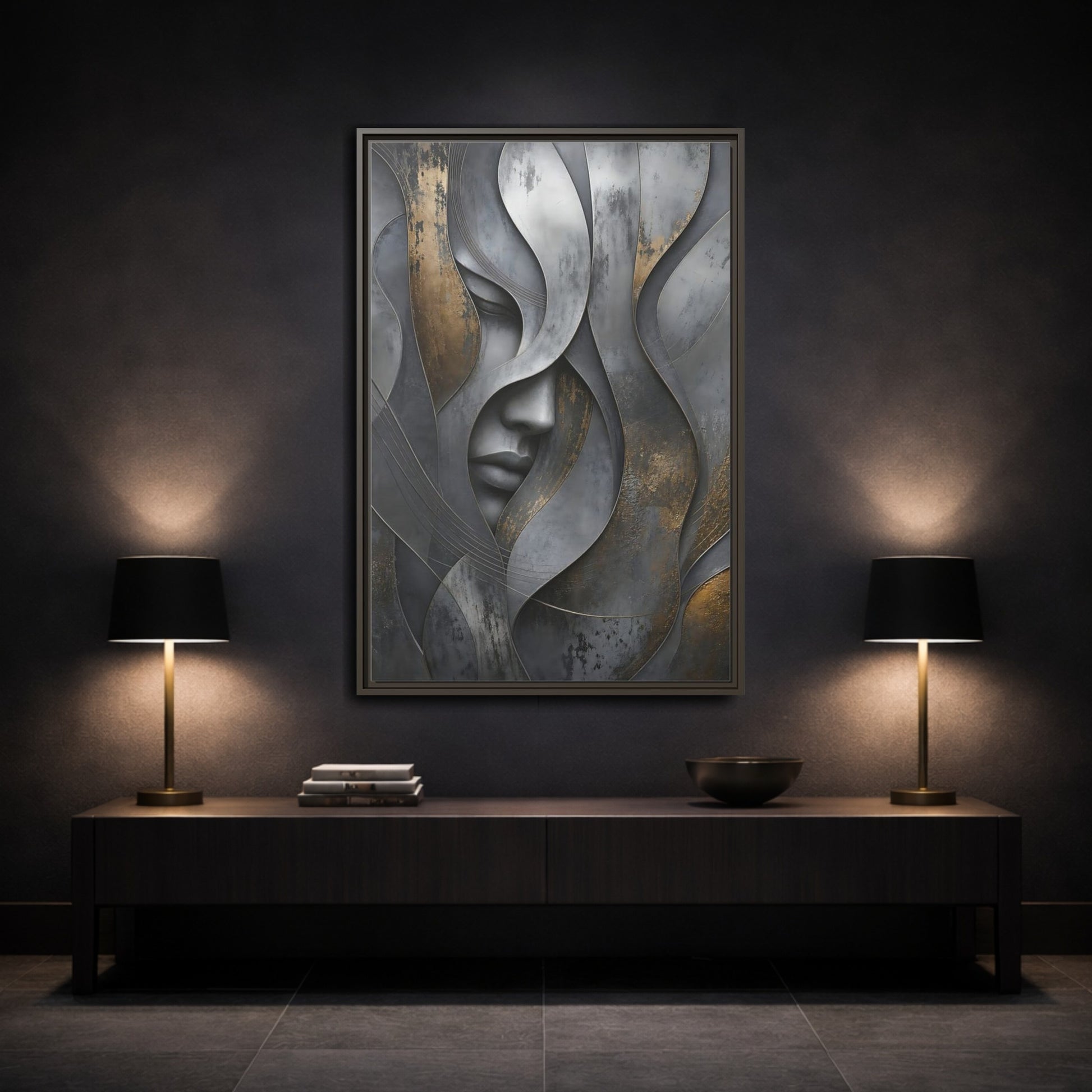 Mockup 3. Abstract Stylized Face Gray And Gold Abstract shown as stretched canvas wall art