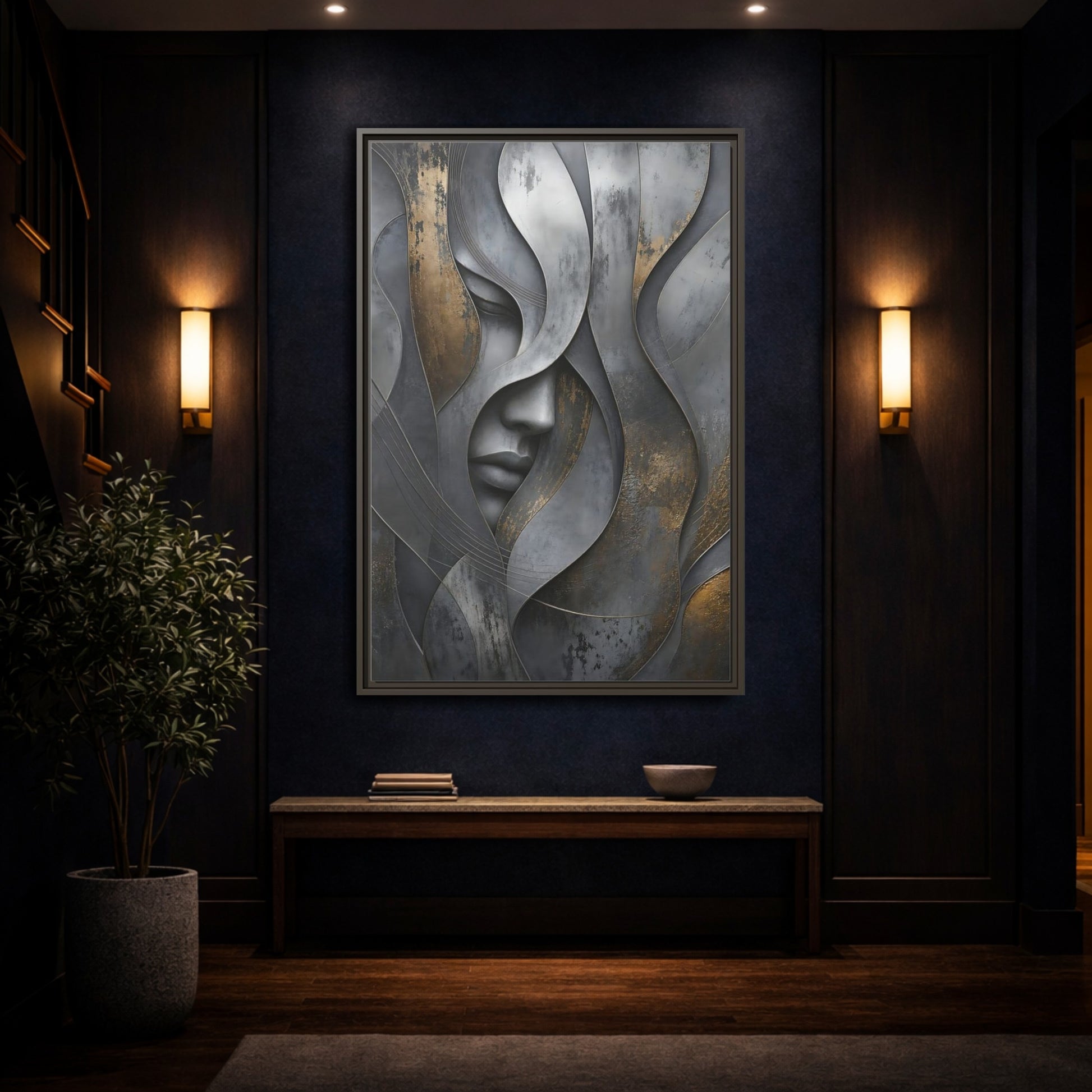 Mockup 4. Abstract Stylized Face Gray And Gold Abstract shown as stretched canvas wall art