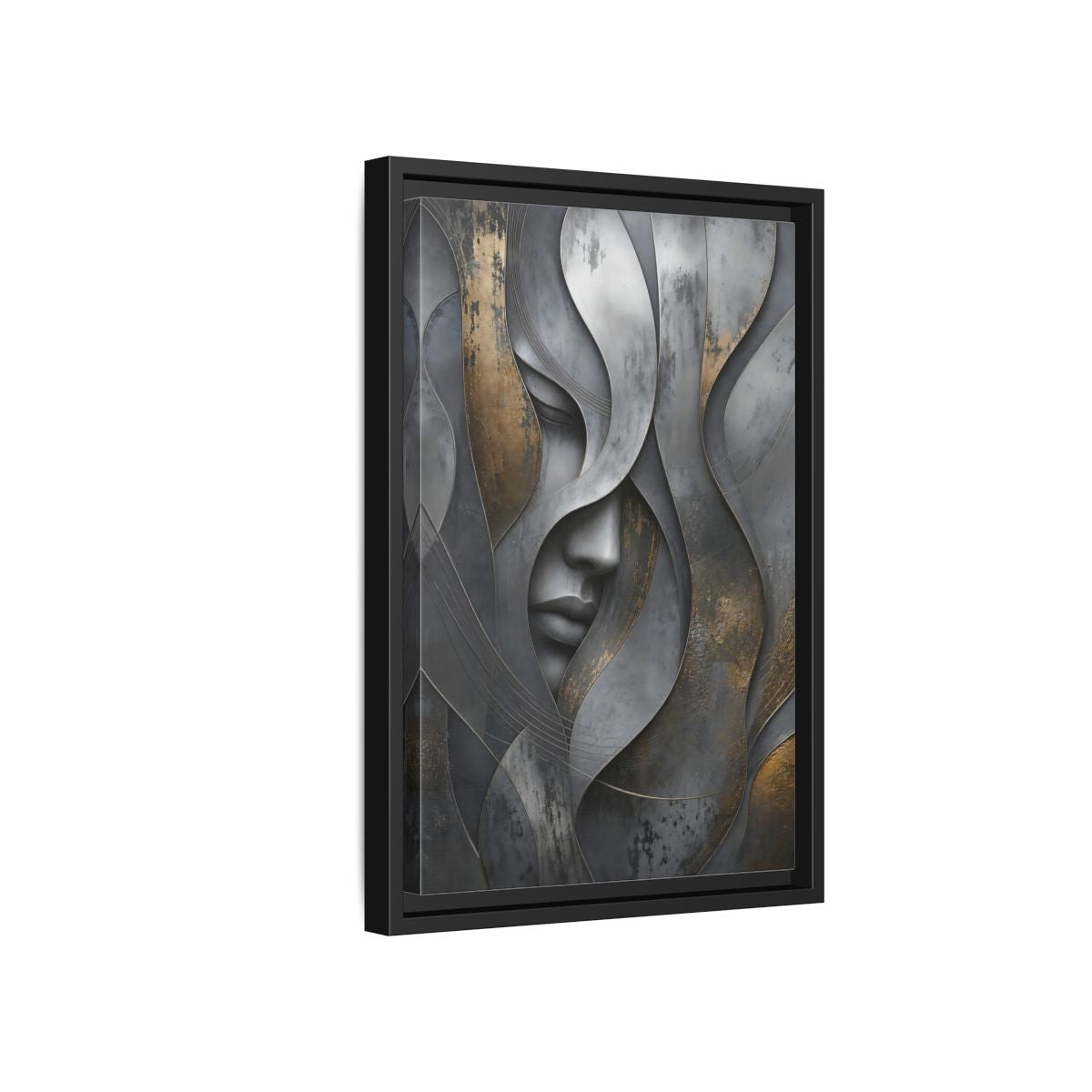 Side Mockup 6. Abstract Stylized Face Gray And Gold Abstract shown as stretched canvas wall art
