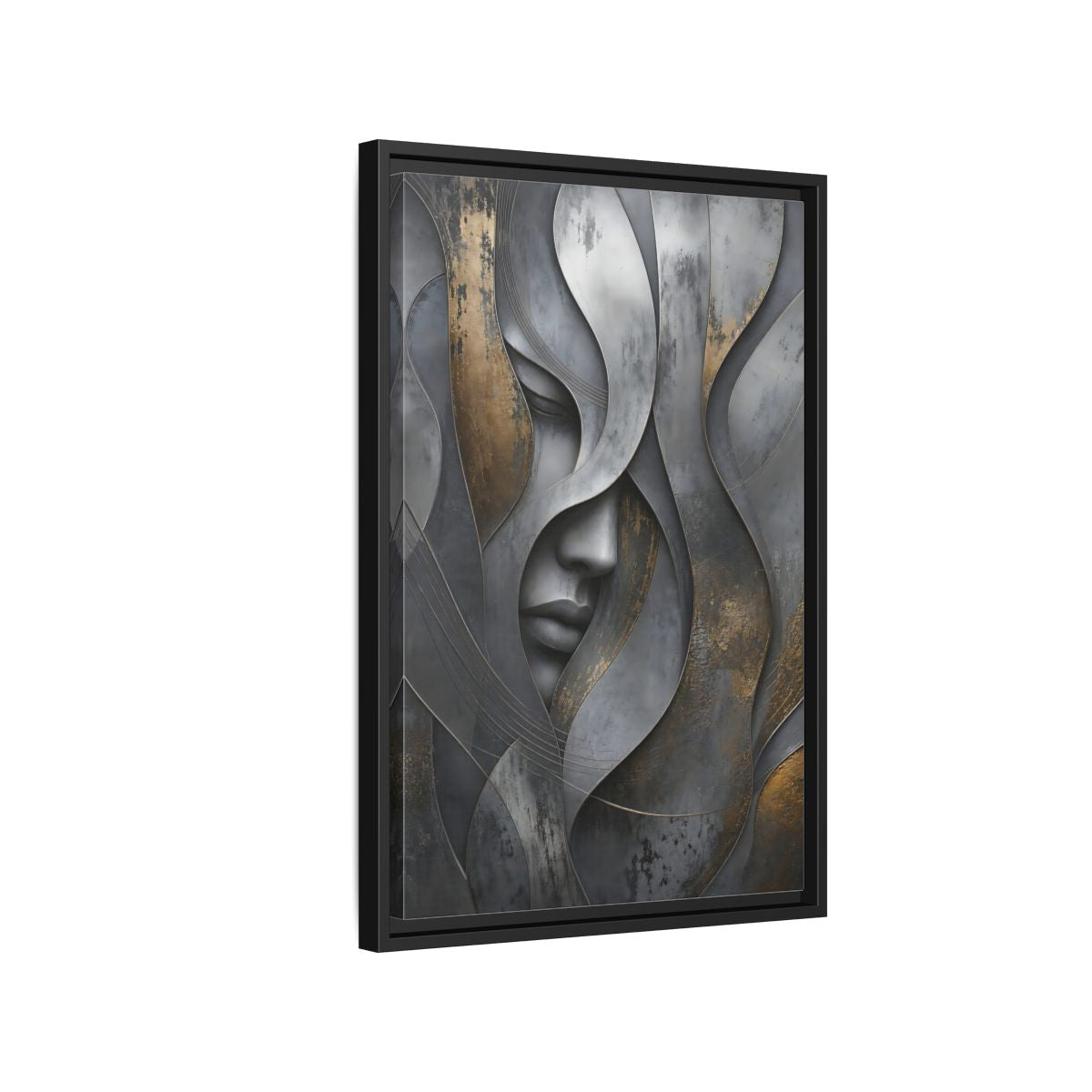 Side Mockup 3. Abstract Stylized Face Gray And Gold Abstract shown as stretched canvas wall art