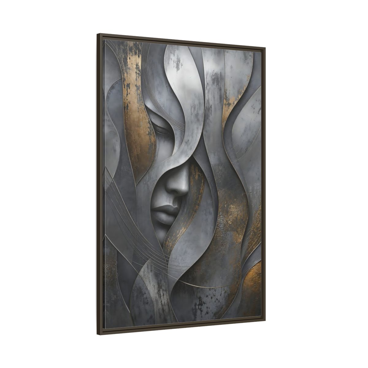 Side Mockup 8. Abstract Stylized Face Gray And Gold Abstract shown as stretched canvas wall art