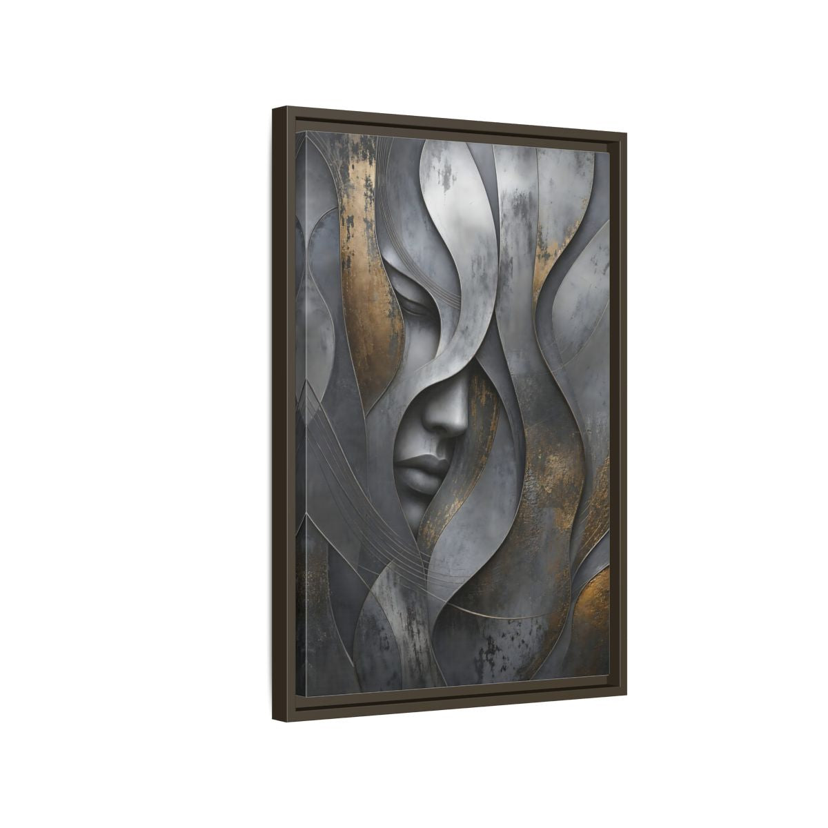Side Mockup 2. Abstract Stylized Face Gray And Gold Abstract shown as stretched canvas wall art