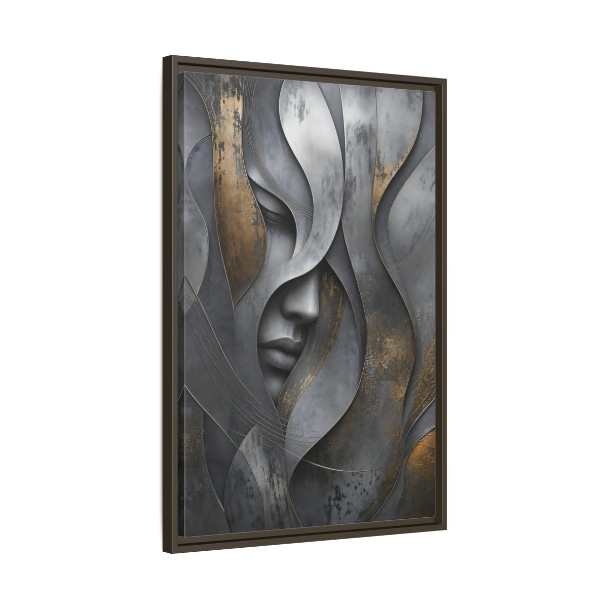 Side Mockup 11. Abstract Stylized Face Gray And Gold Abstract shown as stretched canvas wall art