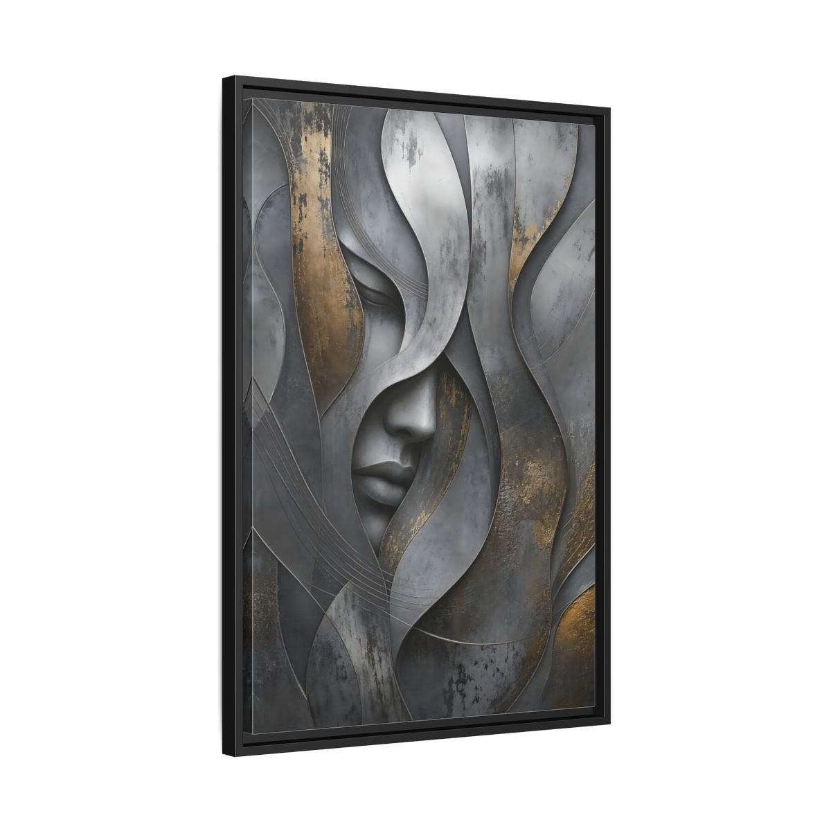 Side Mockup 14. Abstract Stylized Face Gray And Gold Abstract shown as stretched canvas wall art