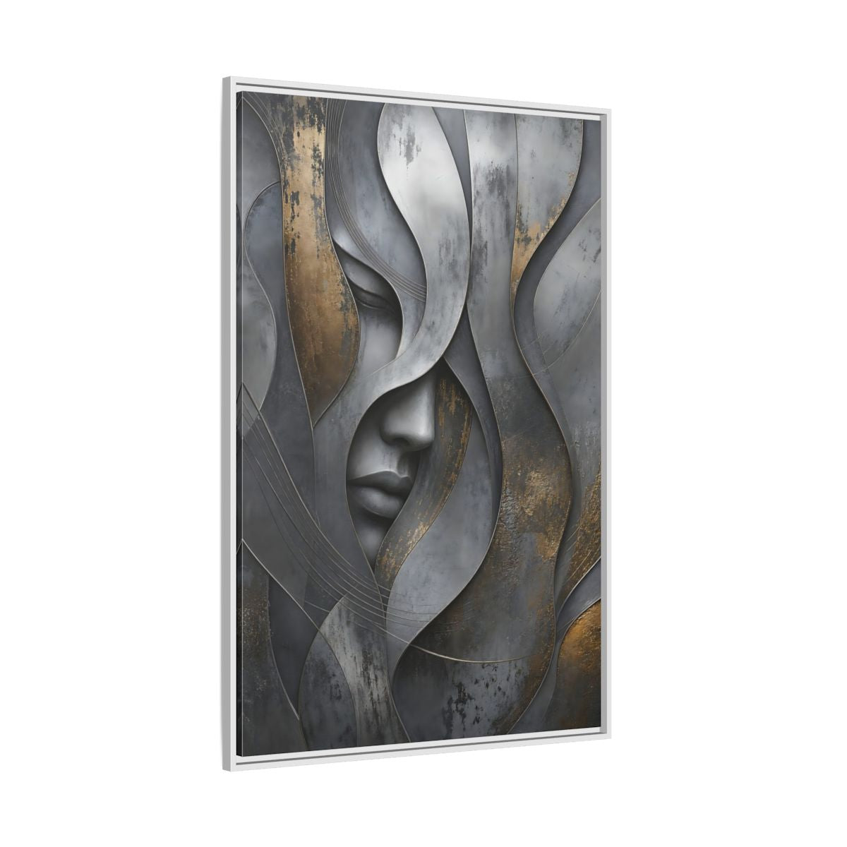 Side Mockup 7. Abstract Stylized Face Gray And Gold Abstract shown as stretched canvas wall art