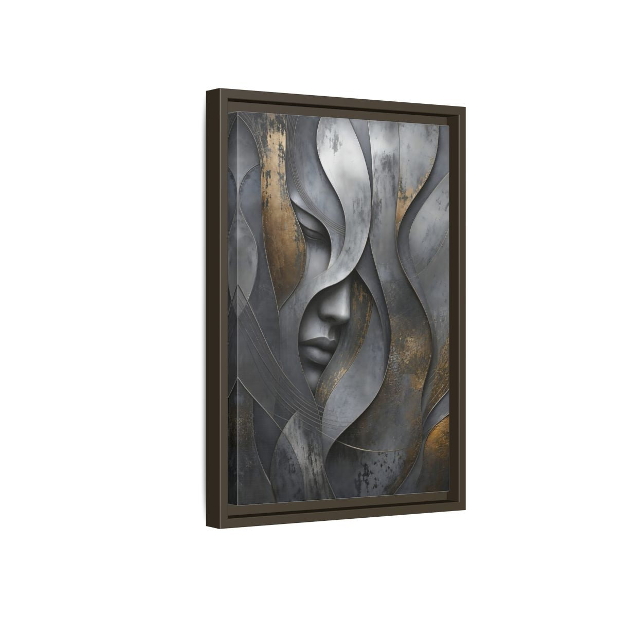 Side Mockup 5. Abstract Stylized Face Gray And Gold Abstract shown as stretched canvas wall art