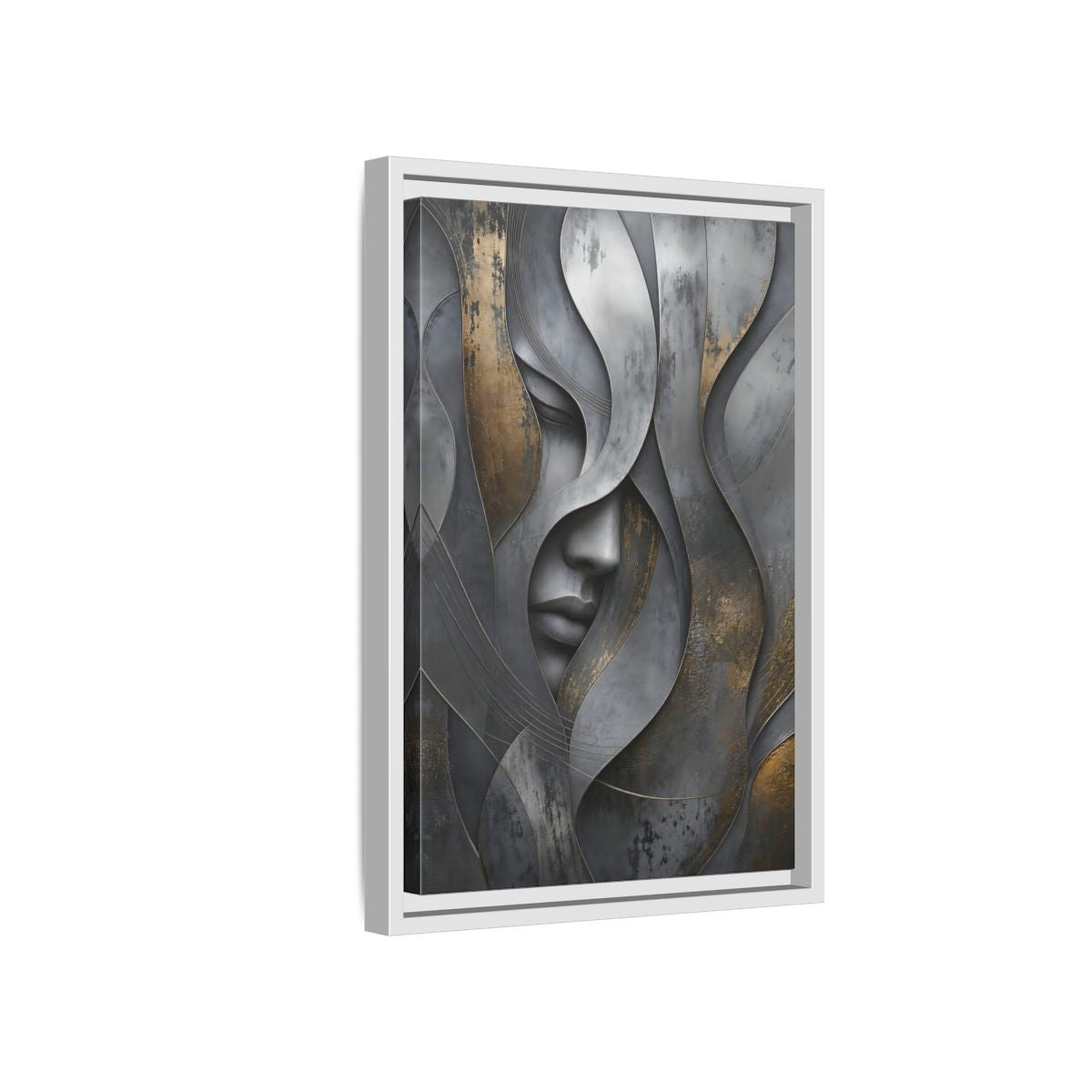 Side Mockup 4. Abstract Stylized Face Gray And Gold Abstract shown as stretched canvas wall art
