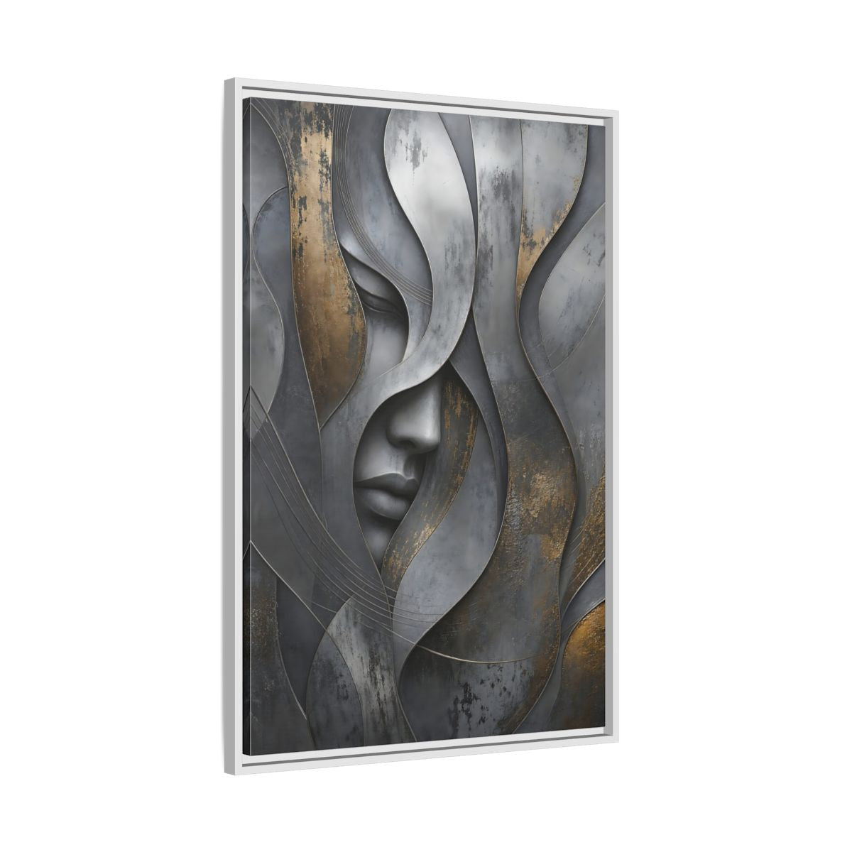 Side Mockup 9. Abstract Stylized Face Gray And Gold Abstract shown as stretched canvas wall art