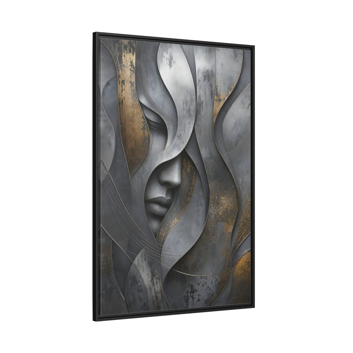 Side Mockup 12. Abstract Stylized Face Gray And Gold Abstract shown as stretched canvas wall art
