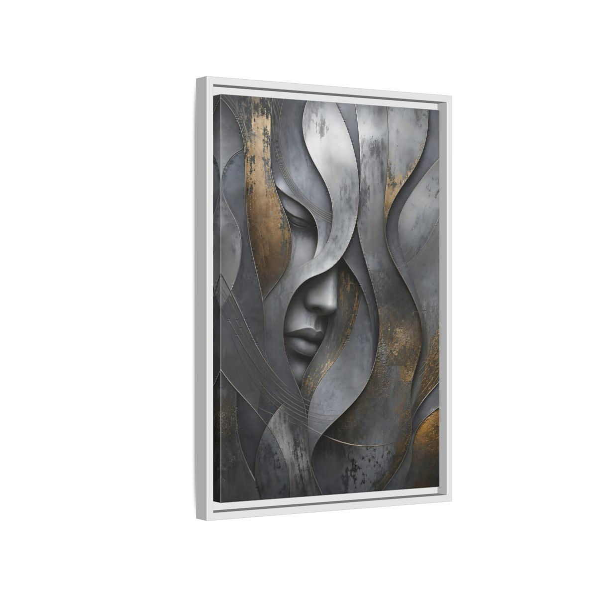 Side Mockup 1. Abstract Stylized Face Gray And Gold Abstract shown as stretched canvas wall art