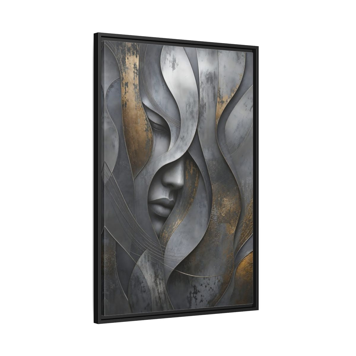 Side Mockup 13. Abstract Stylized Face Gray And Gold Abstract shown as stretched canvas wall art