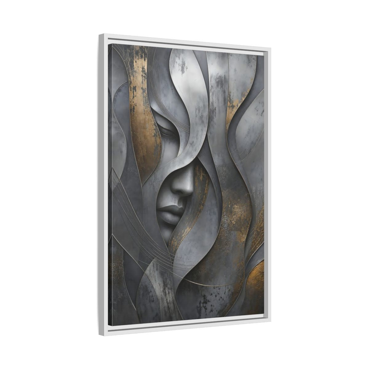 Side Mockup 10. Abstract Stylized Face Gray And Gold Abstract shown as stretched canvas wall art