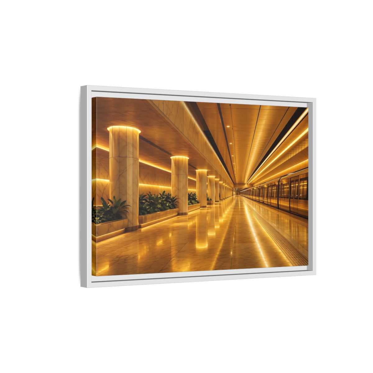 Side Mockup 1. Abstract Subway Station Golden Subway shown as stretched canvas wall art