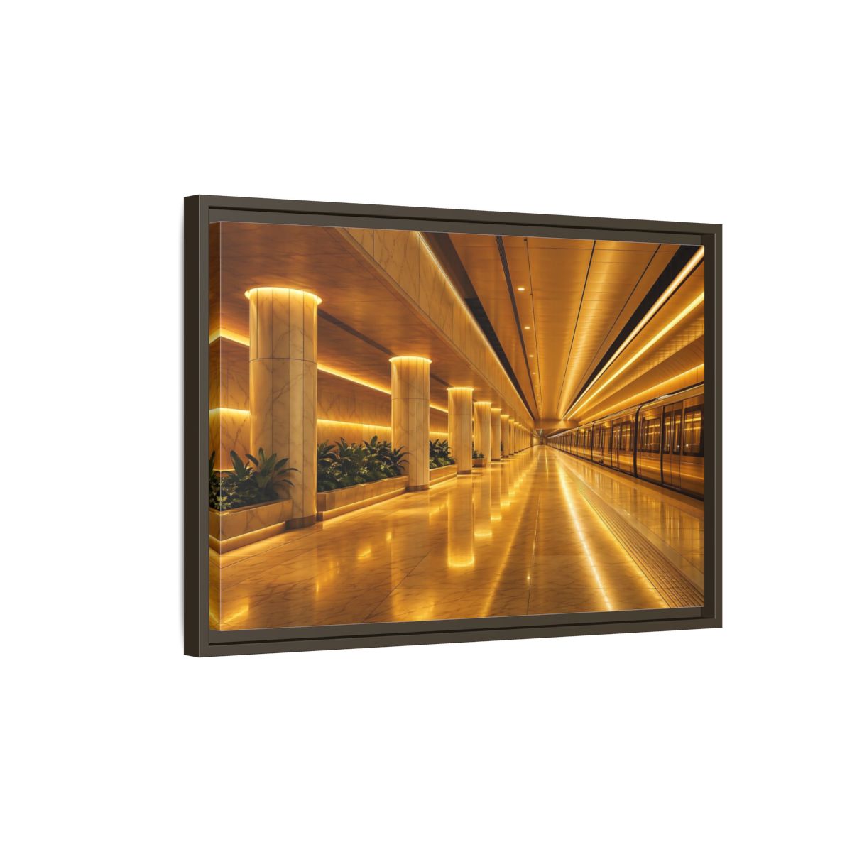 Side Mockup 2. Abstract Subway Station Golden Subway shown as stretched canvas wall art