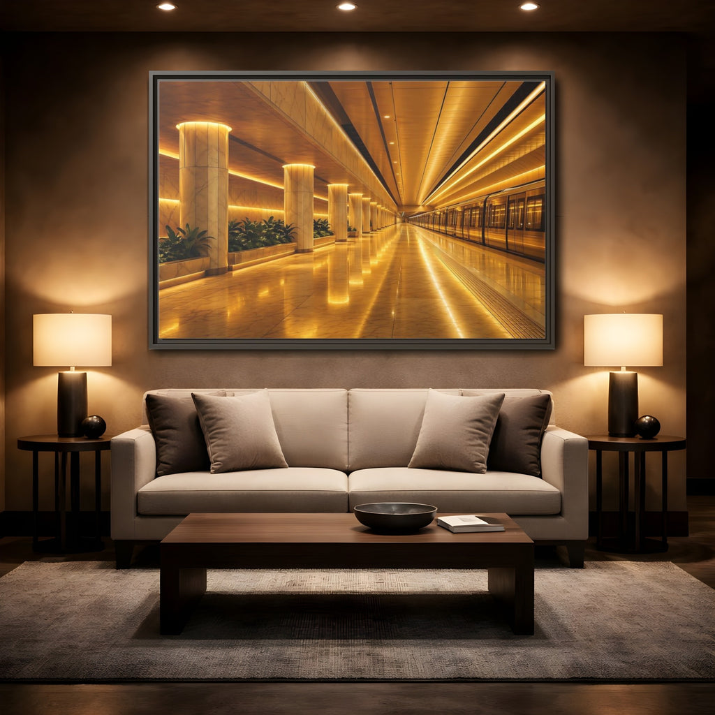 Mockup 2. Abstract Subway Station Golden Subway shown as stretched canvas wall art