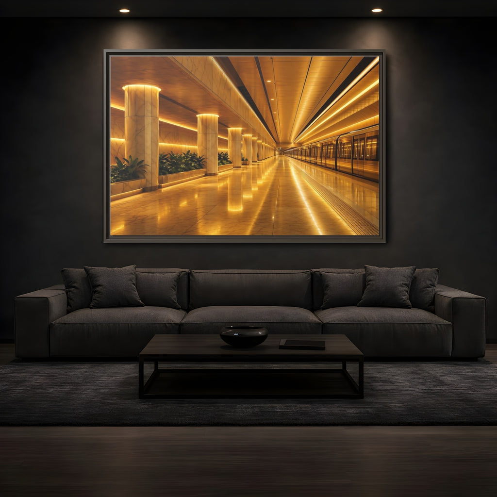 Mockup 3. Abstract Subway Station Golden Subway shown as stretched canvas wall art