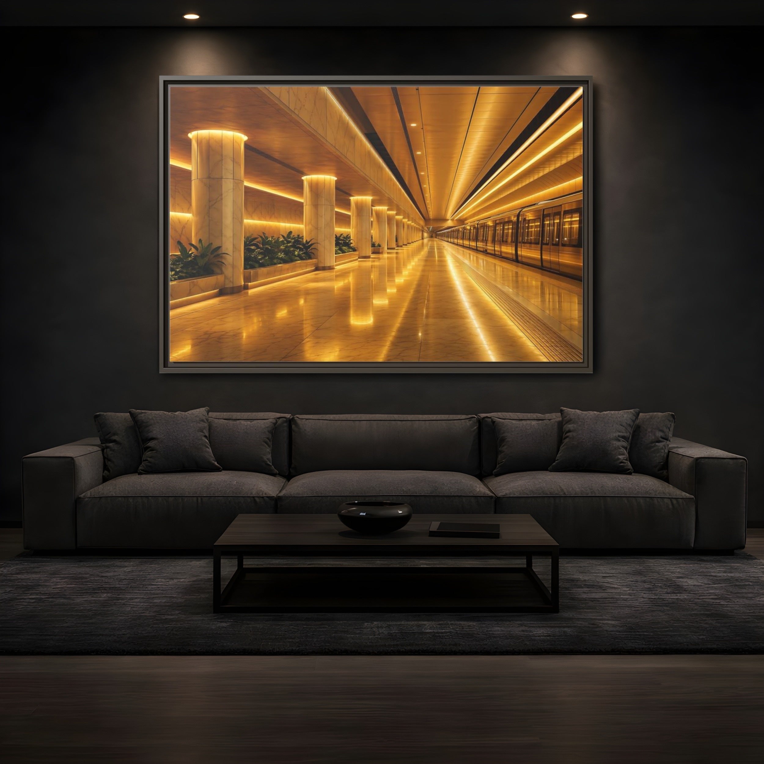 Mockup 3. Abstract Subway Station Golden Subway shown as stretched canvas wall art